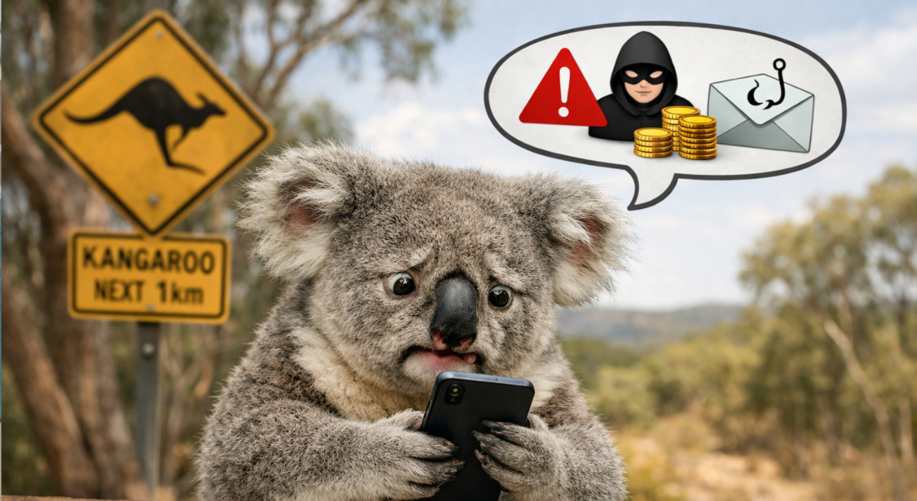 一隻無尾熊正在看手機，看起來像被詐騙，對話框裡有警示圖和詐騙人士的臉